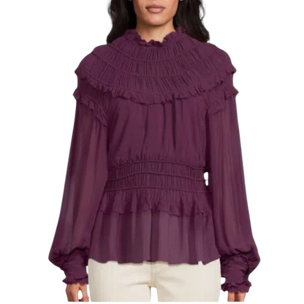 Farm Rio Chiffon Ruffled Blouse in Bordeaux Sz Large Eggplant Purple Peplum NEW - Picture 3 of 15